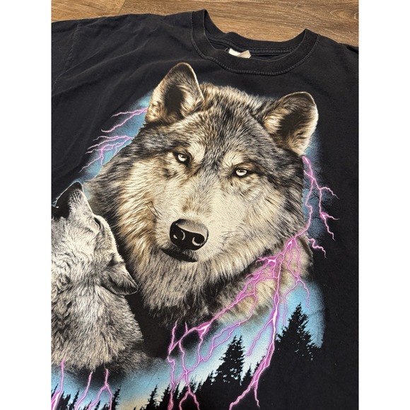 Vintage Y2K Fruit Of The Loom Lightning Wolf Graphic Tee Shirt Black Men's XL - Picture 1 of 7